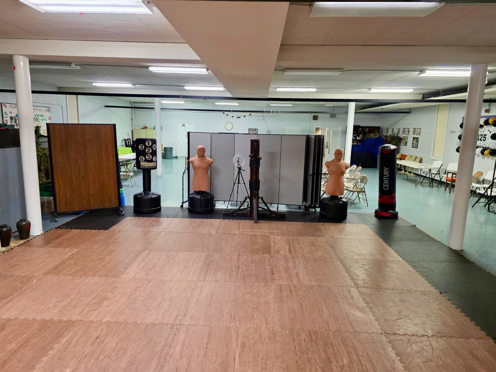 Training floor with heavy bags and wooden dummy