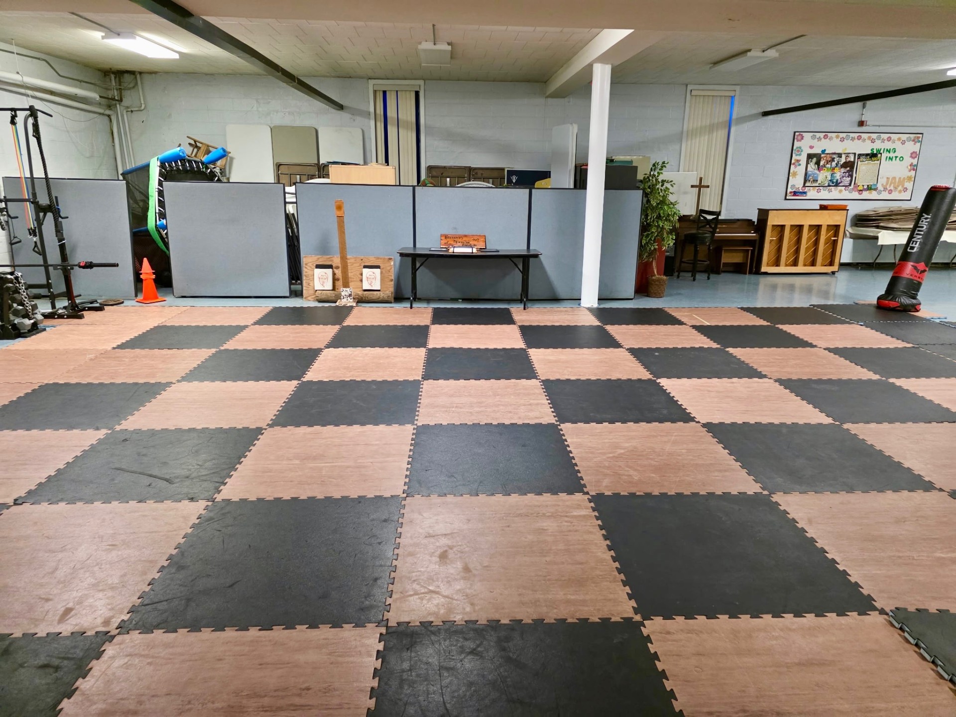 Wide view of the checkered mat training floor